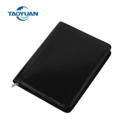 Office simple black endurable leather portfolio  with card holders and pen loop notepad tablet sleeve