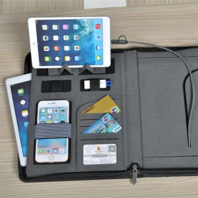 Zippered Leather Portfolio Padfolio, Professional Business Portfolio w/ Build-in 5000mAh Power Bank,pad Tablet Stand Phone